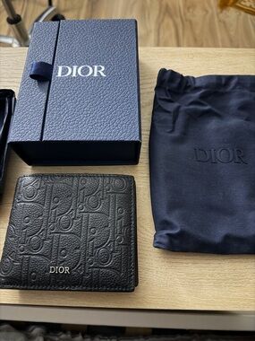 Dior Black Embossed Monogram Leather Bifold Wallet with Navy Accessories
